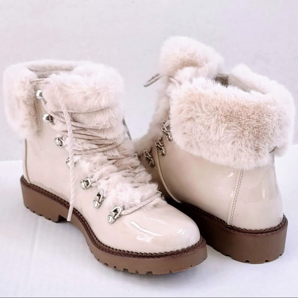 Espirt Celestin Cream Patent Leather Faux Fur Lace Up Combat Lug Sole Boots